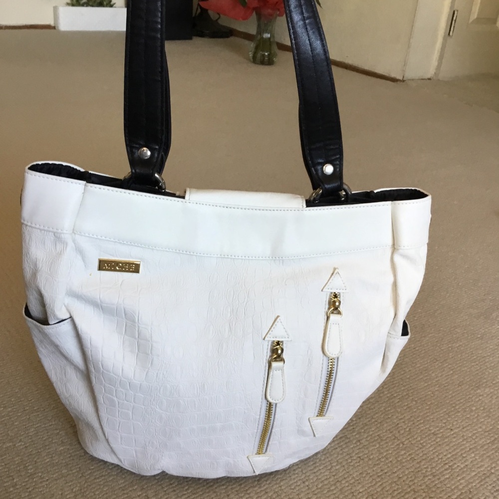 Miche White Croc-Embossed Tote with Black Handles